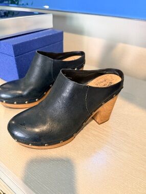 Kork-Ease Black Leather Studded Wooden Clogs
